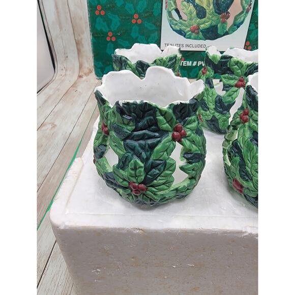 Vintage Christmas Holly Porcelain Votive Holders Set Of 6 Tealites Not Included - Picture 5 of 5